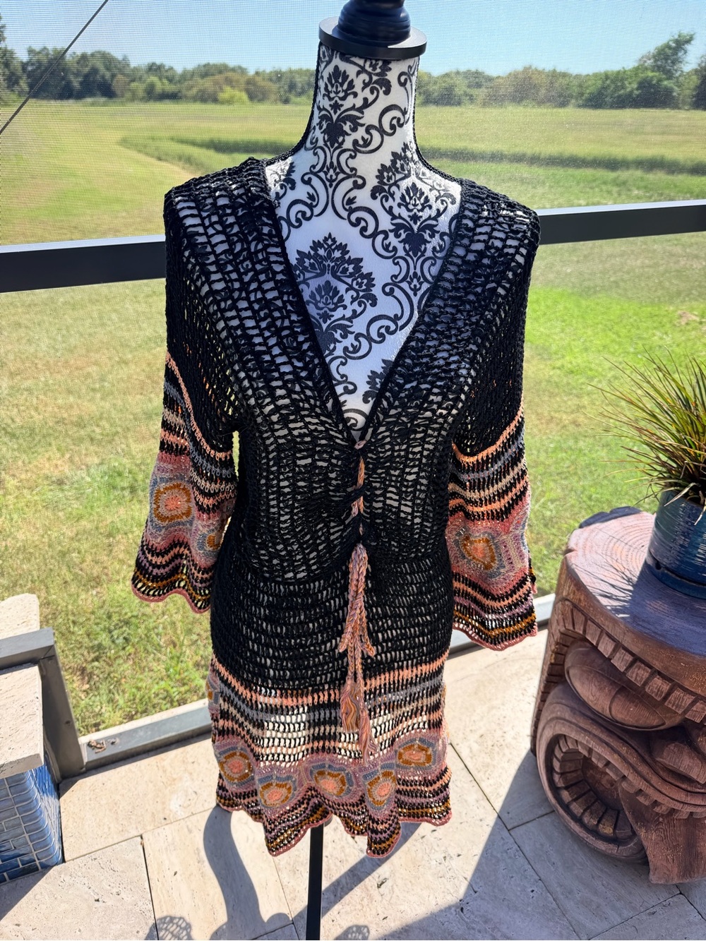 Anna Kosturova Handmade Crochet Cardigan Small Black Granny Square Boho Tie